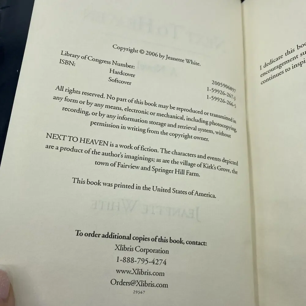 SIGNED Jeanette White NEXT TO HEAVEN-1st Edition 2006 Hardcover HC DJ Signed